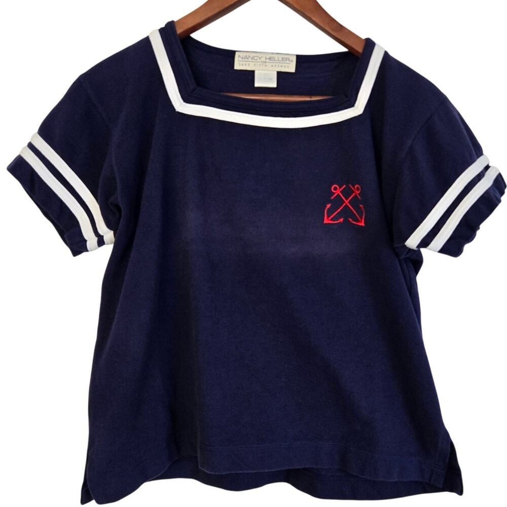 Vintage Coastal Core Nancy Heller Saks Fifth Avenue Navy Nautical Sailor Top M